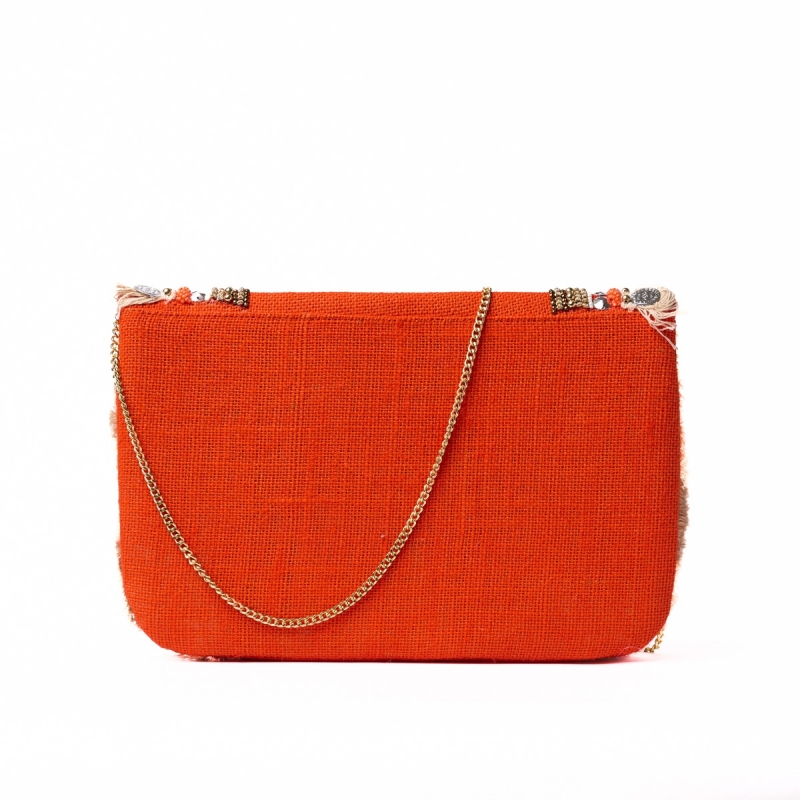 Boho Τσάντα Φάκελος Πορτοκαλί με Κρόσσια και Διακοσμητικές Λεπτομέρειες