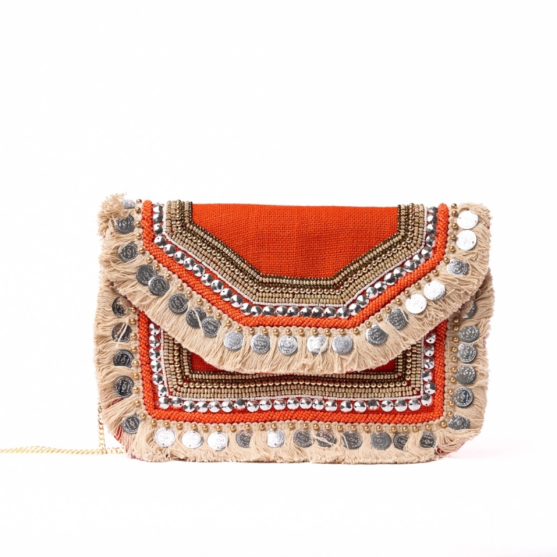 Boho Τσάντα Φάκελος Πορτοκαλί με Κρόσσια και Διακοσμητικές Λεπτομέρειες