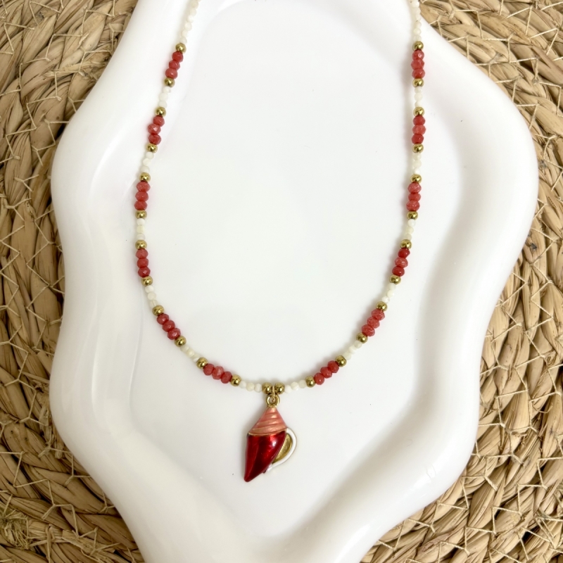 Κολιέ ατσάλι με χάντρες και κοχύλι