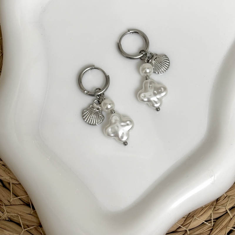 Σκουλαρίκια ατσάλι με πέρλα σταυρό