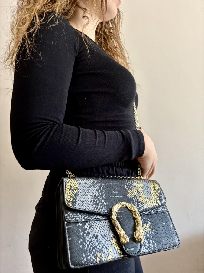 Τσάντα φιδέ κροκό σε μαύρο και χρυσό