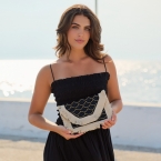 Boho Τσάντα Φάκελος Μαύρη με Εκρού Κρόσσια