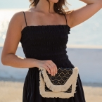 Boho Τσάντα Φάκελος Μαύρη με Εκρού Κρόσσια