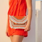 Boho Τσάντα Φάκελος Πορτοκαλί με Κρόσσια και Διακοσμητικές Λεπτομέρειες
